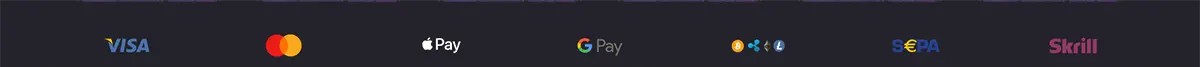 Payment methods banner on a dark background featuring Visa, Mastercard, Apple Pay, Google Pay, cryptocurrency, SEPA, and Skrill logos.