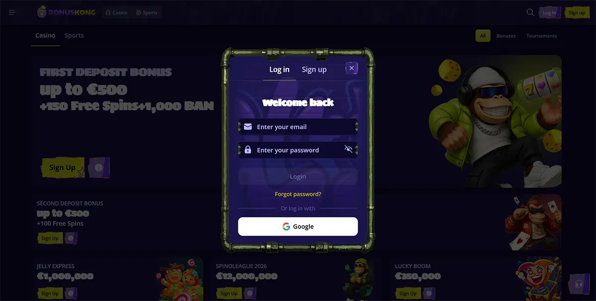 Casino login popup with email and password fields, Google sign-in option, and a “Welcome back” message displayed over a dark bonus page background.